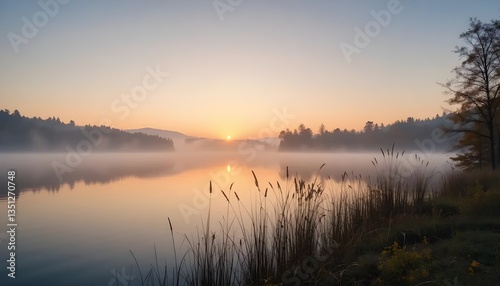 Serene Foggy Sunrise Over Lacu Roșu Lake in Harghita County, Showcasing Nature’s Tranquil Beauty