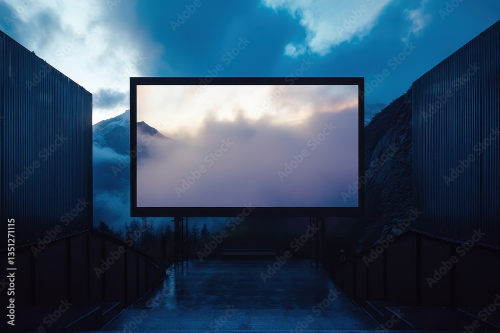 Fototapeta premium Dramatic mountain landscape with a large screen at dusk showcasing misty clouds