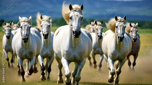 Herd of horses and cows grazing in a green pasture