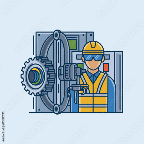 2d vector illustration colorful machine , worker and Industry and its development technology, factories and production lines icon
