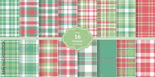 Cream Bisque and Deep Cardinal Seamless Tartan Fabric Design Set of 16