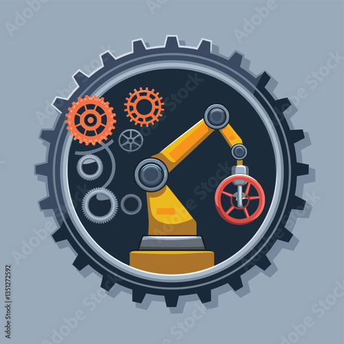 2d vector illustration colorful machine , worker and Industry and its development technology, factories and production lines icon

