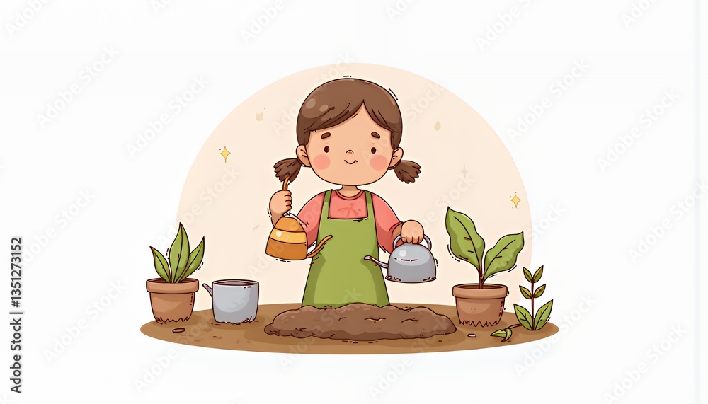 Cute Girl Gardening: Chibi Style Korean Animation Illustration Cute Girl Gardening: Chibi Style Korean Animation Illustration