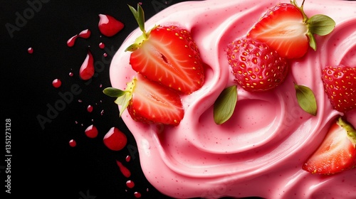Strawberry Bliss: a swirl of luscious pink strawberry ice cream adorned with vibrant sliced strawberries and a hint of a sweet sauce, a visual treat to captivate dessert lovers.