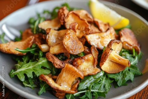 Crispy oyster mushrooms on greens with lemon wedge and garlic butter