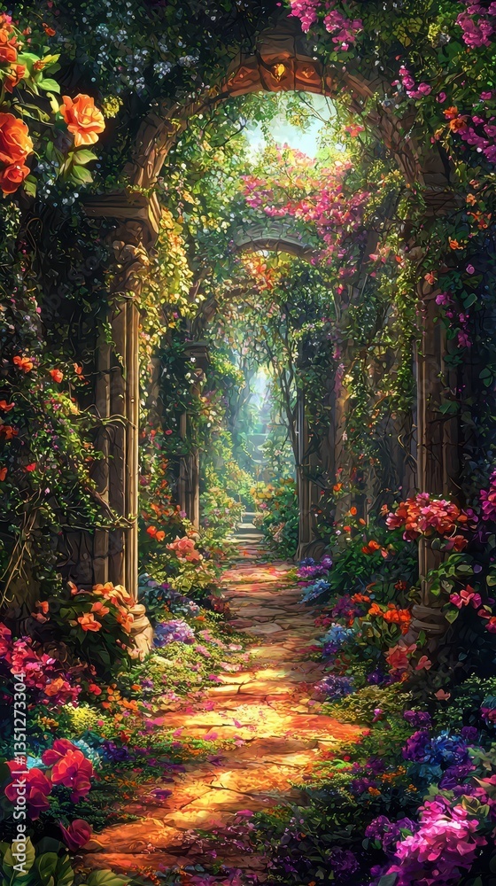 Fototapeta premium Vibrant Secret Garden Pathway Surrounded by Lush Floral Arches