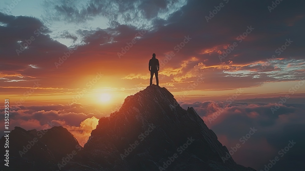Silhouette of a person standing atop a mountain during sunset Silhouette of a person standing atop a mountain during sunset