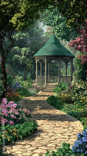 Whimsical English Garden Scene with Gazebo and Lush Flowers