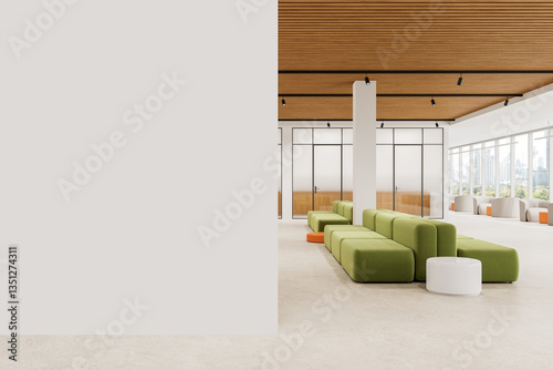 Modern office interior with blank wall for mockup display. 3D Rendering