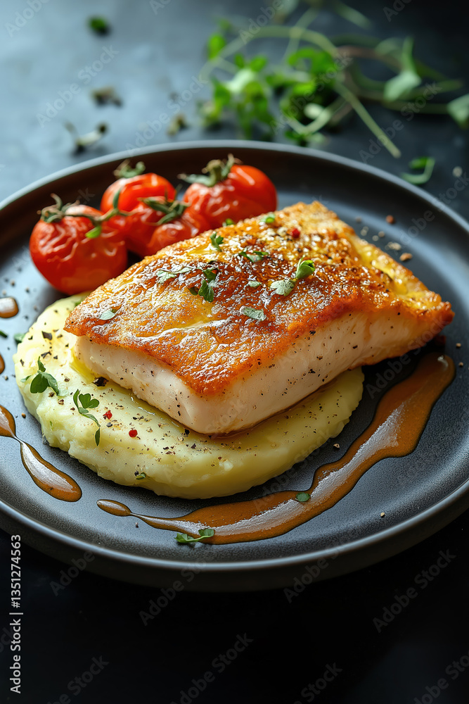 Grilled halibut fillet with mashed potatoes, roasted tomatoes, and sauce Grilled halibut fillet with mashed potatoes, roasted tomatoes, and sauce