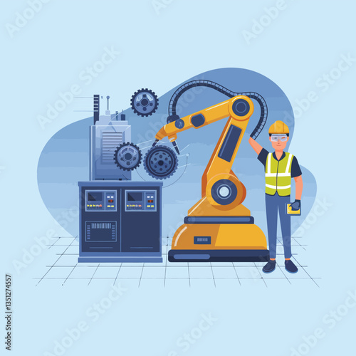 2d vector illustration colorful machine , worker and Industry and its development technology, factories and production lines icon
