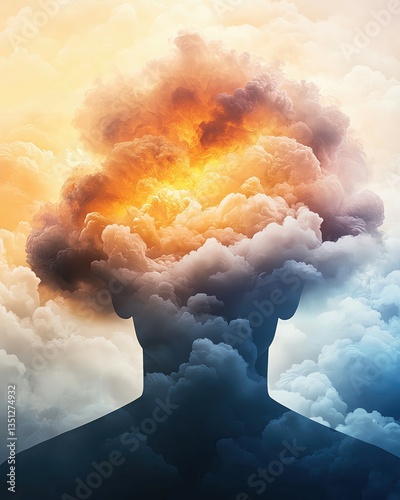 Altered perception absorption A surreal representation of a person's mind filled with colorful clouds, symbolizing thoughts and emotions.