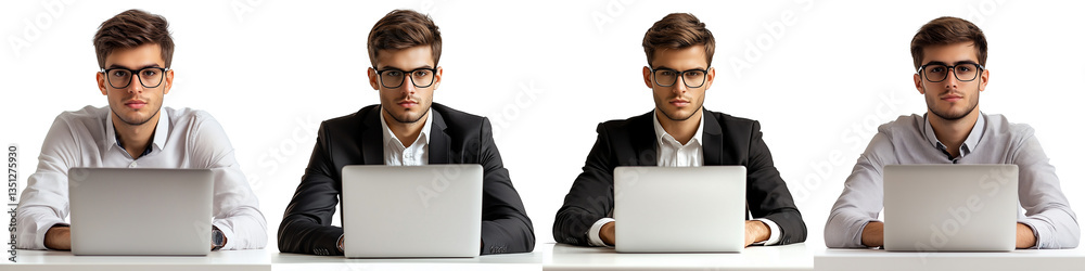 set of A young businessman with a laptop at the table, a busy entrepreneur wearing glasses, a young businessman's busy moment, on a transparent backgrounds set of A young businessman with a laptop at the table, a busy entrepreneur wearing glasses, a young businessman's busy moment, on a transparent backgrounds