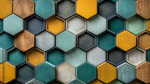 Stunning wall adorned with a geometric mosaic of hexagonal shapes gleaming under bright studio lighting.
