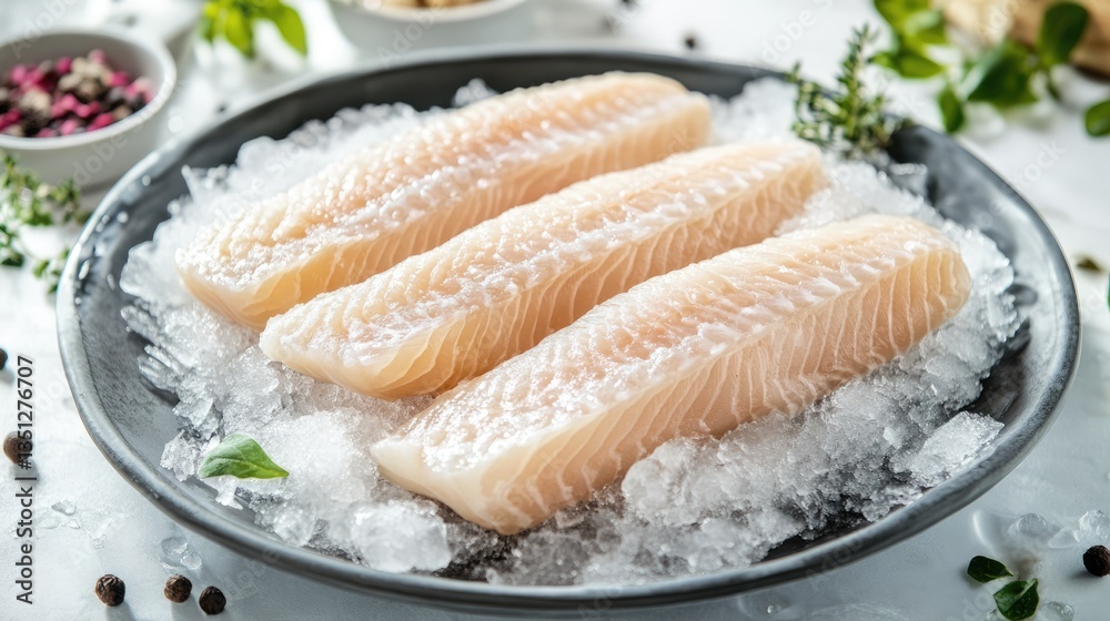 Fresh fish fillets displayed on ice in a modern kitchen setting, with herbs and spices in the background Fresh fish fillets displayed on ice in a modern kitchen setting, with herbs and spices in the background