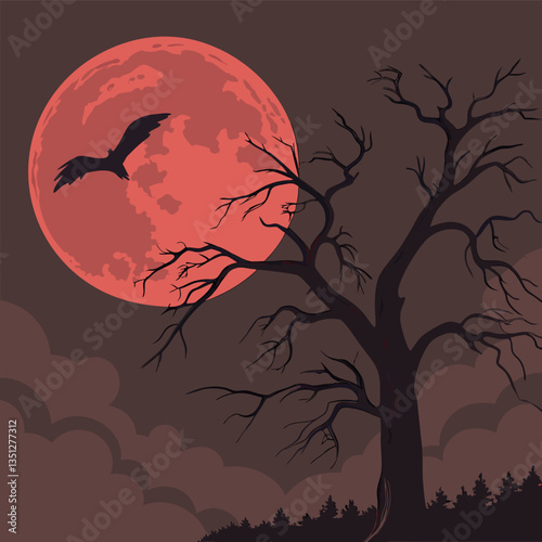 a halloween scene with a tree and bats