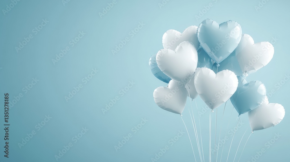 White Day Background with 3D Heart-Shaped Balloons in Blue and White, Romantic High-Contrast Design, Selective Focus, Copy Space White Day Background with 3D Heart-Shaped Balloons in Blue and White, Romantic High-Contrast Design, Selective Focus, Copy Space