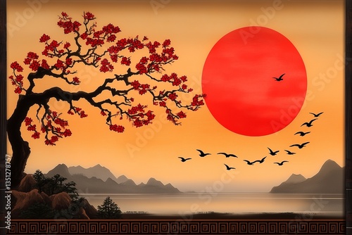 Serene Sunset Landscape: A breathtaking scenic view of a vibrant sunset, with a tree, birds in flight and mountains reflected on the serene water.