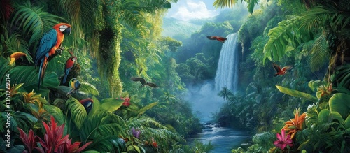 A breathtaking mural of the Amazon rainforest, showcasing rich biodiversity, vibrant flora, rare birds, and a hidden waterfall in the background. The lush  . 