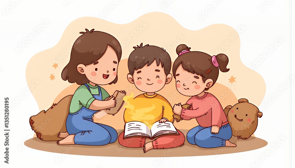 Happy Family Reading Time: Chibi Cartoon Illustration of Mother and Children Happy Family Reading Time: Chibi Cartoon Illustration of Mother and Children