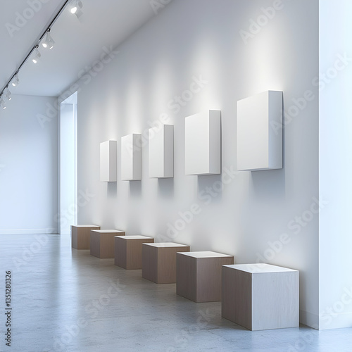 Contemporary art gallery with small cubic blank 3D displays along a minimalist wall, perfect for art installations.