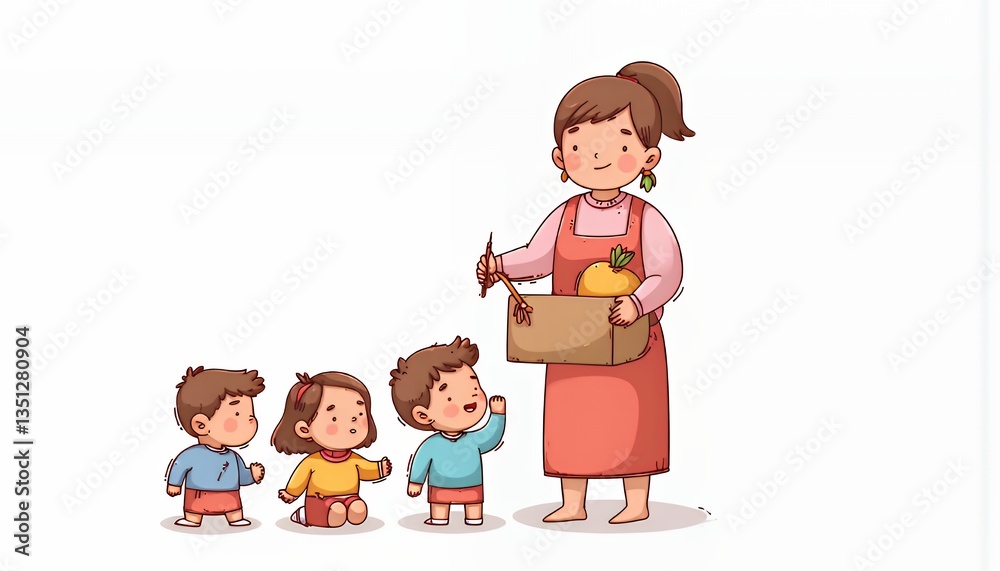 Happy Family Snack Time: Chibi-Style Illustration of Mother Sharing Snacks with Three Children Happy Family Snack Time: Chibi-Style Illustration of Mother Sharing Snacks with Three Children