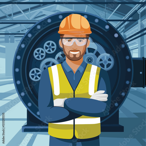 2d vector illustration colorful machine , worker and Industry and its development technology, factories and production lines icon
