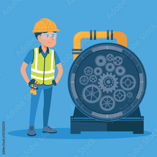 2d vector illustration colorful machine , worker and Industry and its development technology, factories and production lines icon
