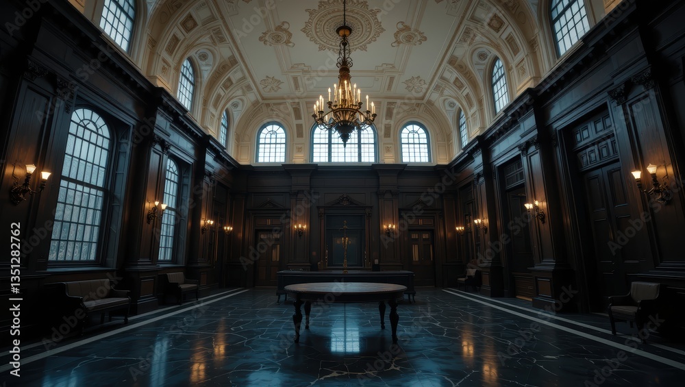 Obraz premium Luxurious Historic Interior Space with Ornate Details and Dramatic Lighting in an Elegant Room