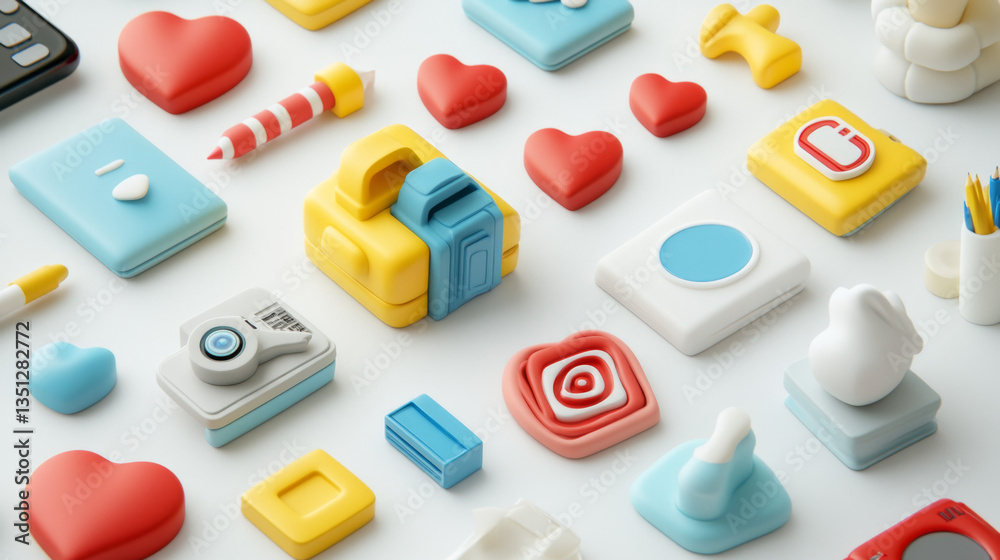 Colorful 3D Rendered App Icons and Cute Objects on White Background Colorful 3D Rendered App Icons and Cute Objects on White Background