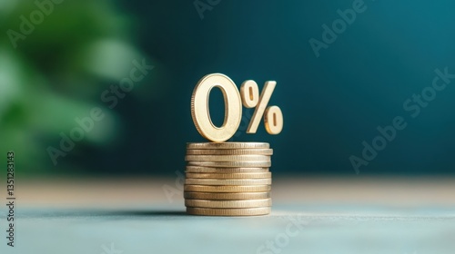 Golden coins stacked with bold 0% sign representing financial concepts like zero interest rates, savings, and economic trends on a serene background