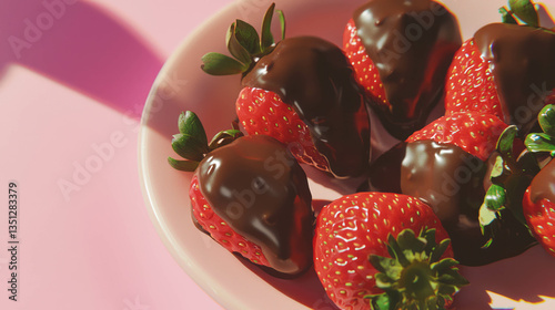 Delicious chocolate covered strawberries on pink background for dessert inspiration