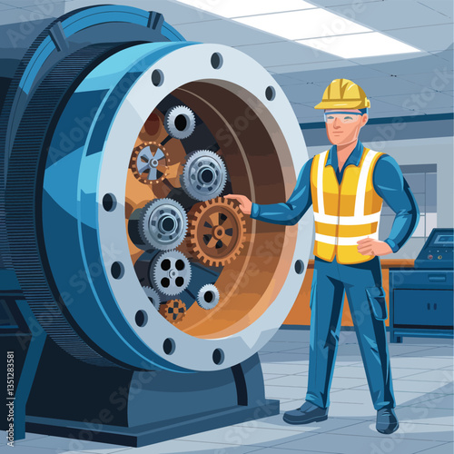 2d vector illustration colorful machine , worker and Industry and its development technology, factories and production lines icon
