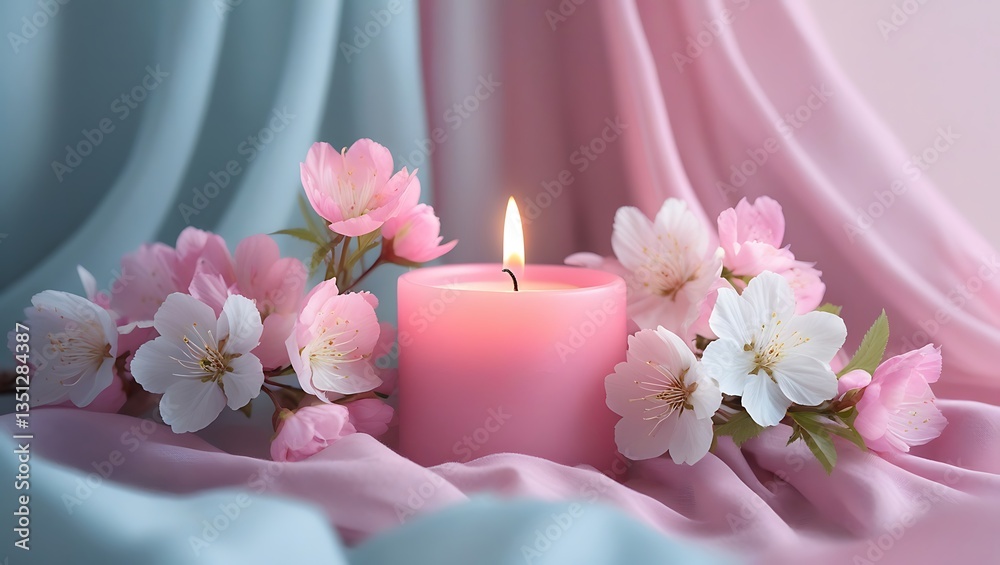 The image features a serene still life with a pink candle, cherry blossoms, and intricate petal details, complemented by a pastel palette and a softly blurred background. The image features a serene still life with a pink candle, cherry blossoms, and intricate petal details, complemented by a pastel palette and a softly blurred background.