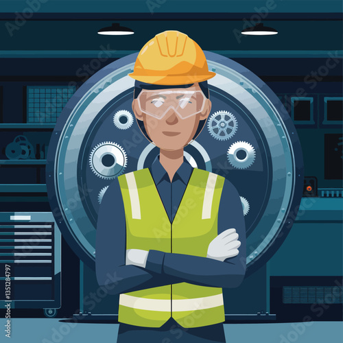 2d vector illustration colorful machine , worker and Industry and its development technology, factories and production lines icon
