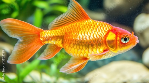 A vibrant tropical fish gracefully swims in a clear glass tank, surrounded by lush green aquatic plants and colorful pebbles at the bottom, creating a serene underwater scene. photo