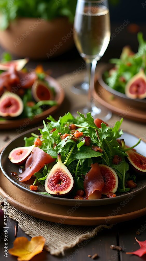 Arugula salad with figs, prosciutto, and balsamic glaze, set in a cozy autumn scene with earthy tones. Arugula salad with figs, prosciutto, and balsamic glaze, set in a cozy autumn scene with earthy tones.
