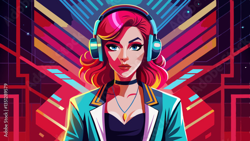 Fashion pretty woman with headphones listening to music over red neon background at studio.