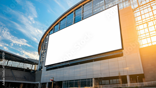 Tall vertical blank billboard at the front of a basketball arena, ideal for sports gear or drink promotions.