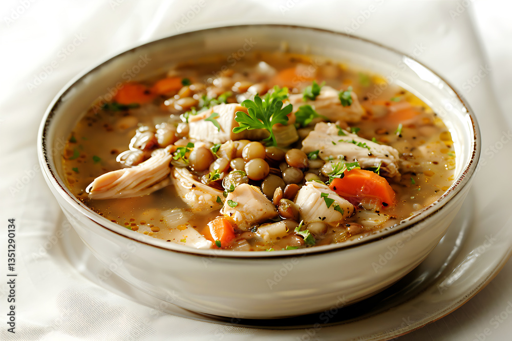 Quick lentil chicken spring soup in a white ceramic bowl Quick lentil chicken spring soup in a white ceramic bowl