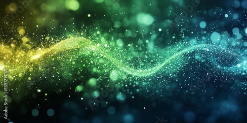 scattered particle fragments with green and light blue gradient colors, sparkling spotlights, forming a wave, scattered, abstract background