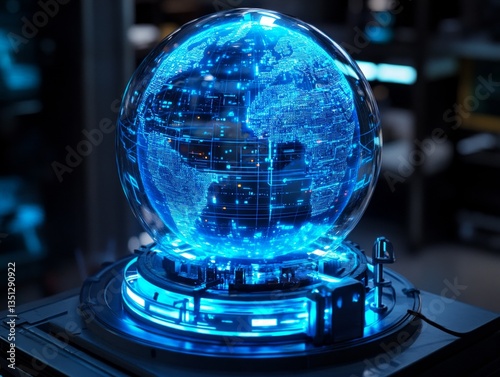 Blue futuristic digital globe, hologram display on table, world globe, electric city, future globe