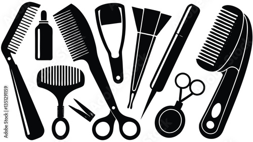 Hairdresser and Barber Tools - Combs, Scissors, Brushes, Clippers, and More - Black and White Vector Illustration