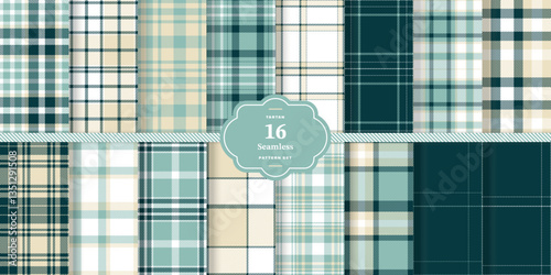 Pale Cream and Cream Bisque Seamless Tartan Fabric Design Set of 16