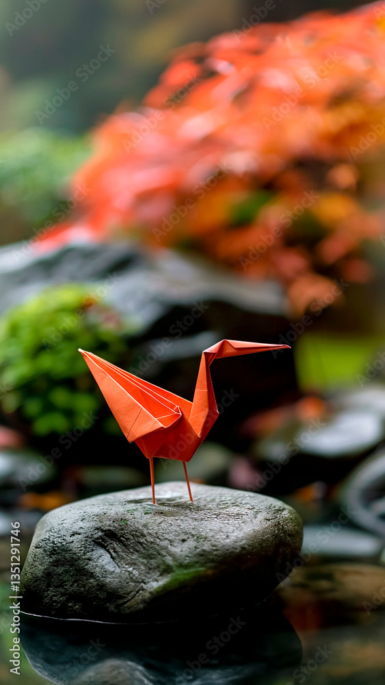 Orange Origami Crane on Stone in Zen Garden. Japanese Tradition, Eastern Philosophy, Peaceful Meditation.