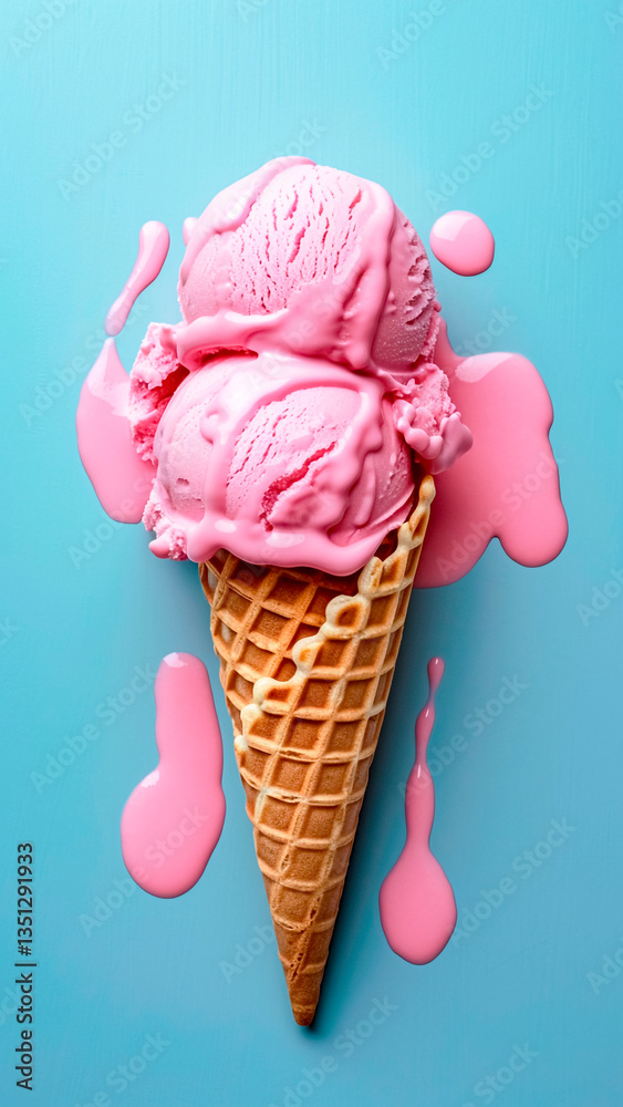 Strawberry Ice Cream in a Waffle Cone. Summer Concept, Delicious Snack, Gourmet Snack.
