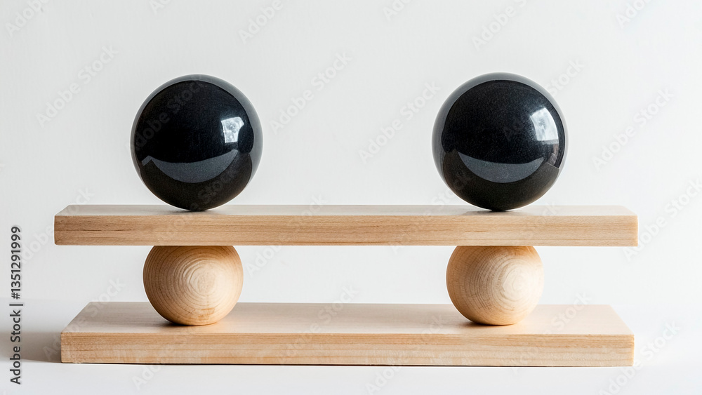 Wooden Structure with Spheres. Equilibrium Concept, Physics Principle, Zen Inspiration.