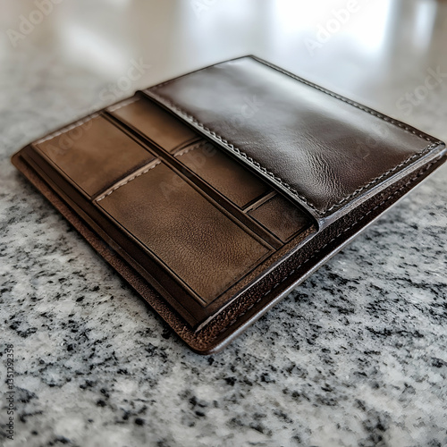Detailed image of a blank leather wallet, open to show compartments on a smooth granite surface.