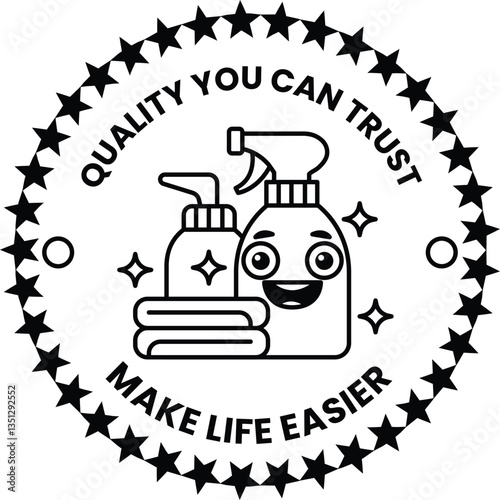 sticker with a smiling face and two bottles of cleaning products