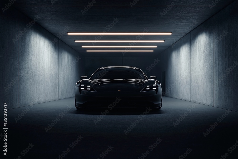 Stunning Black Sports Car Illuminated in a Sleek Underground Garage Setting. Generative AI Stunning Black Sports Car Illuminated in a Sleek Underground Garage Setting. Generative AI